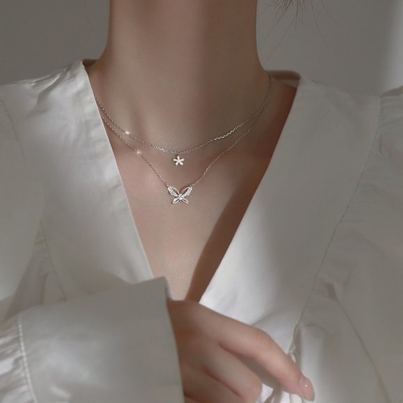 #NEW 925 Sterling Silver Diamond Butterfly Flower Double Layer Necklace - Picture 6 of 10